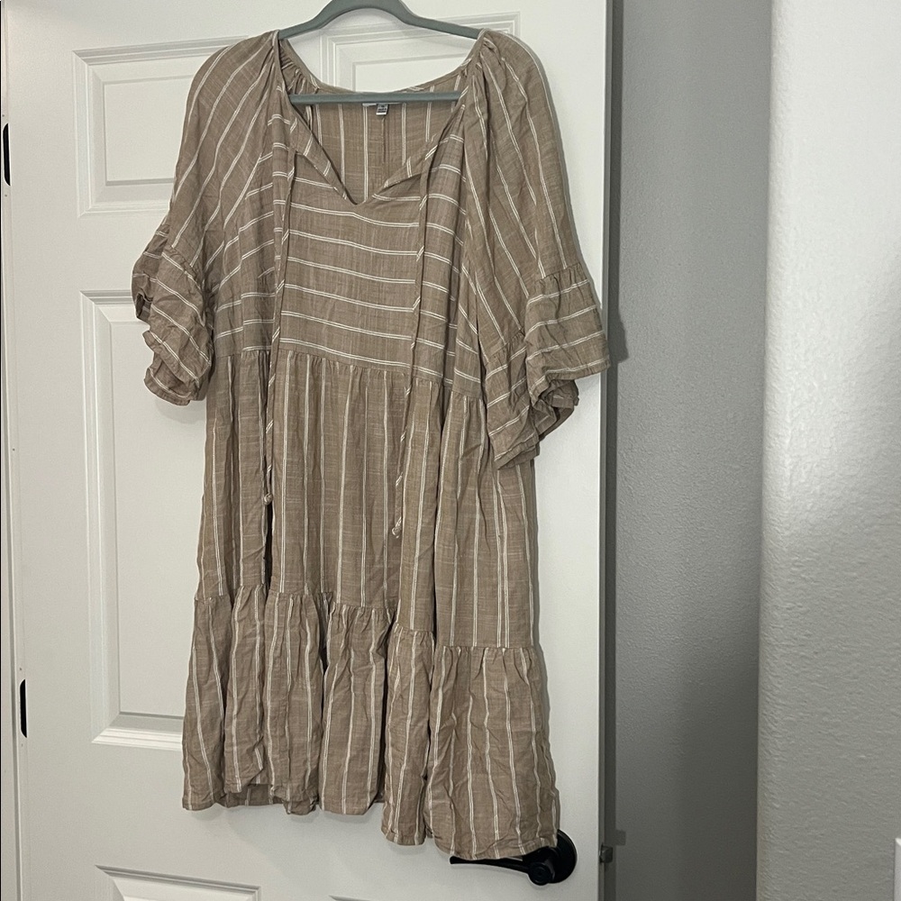 Robbie Bee Tan and White Striped Tiered Dress